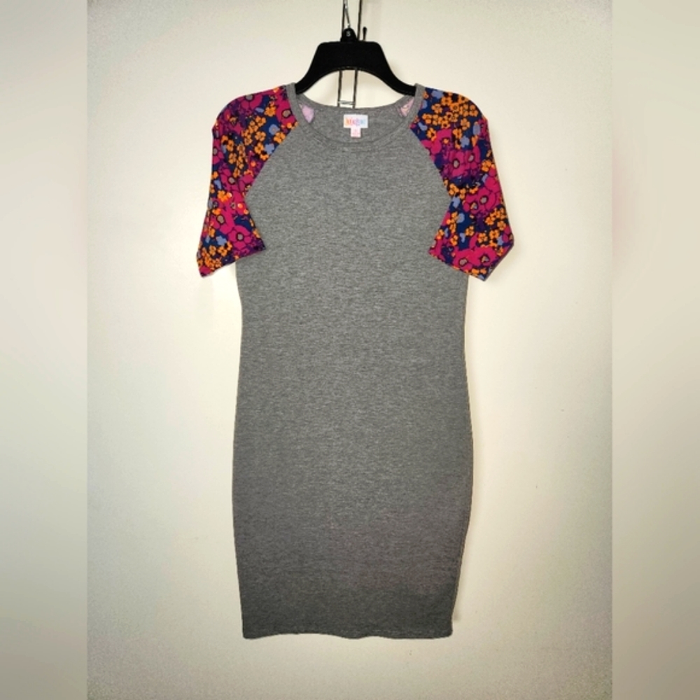 LuLaRoe Julia Midi Dress Stretch Gray with Bright Floral Short Sleeve sz…